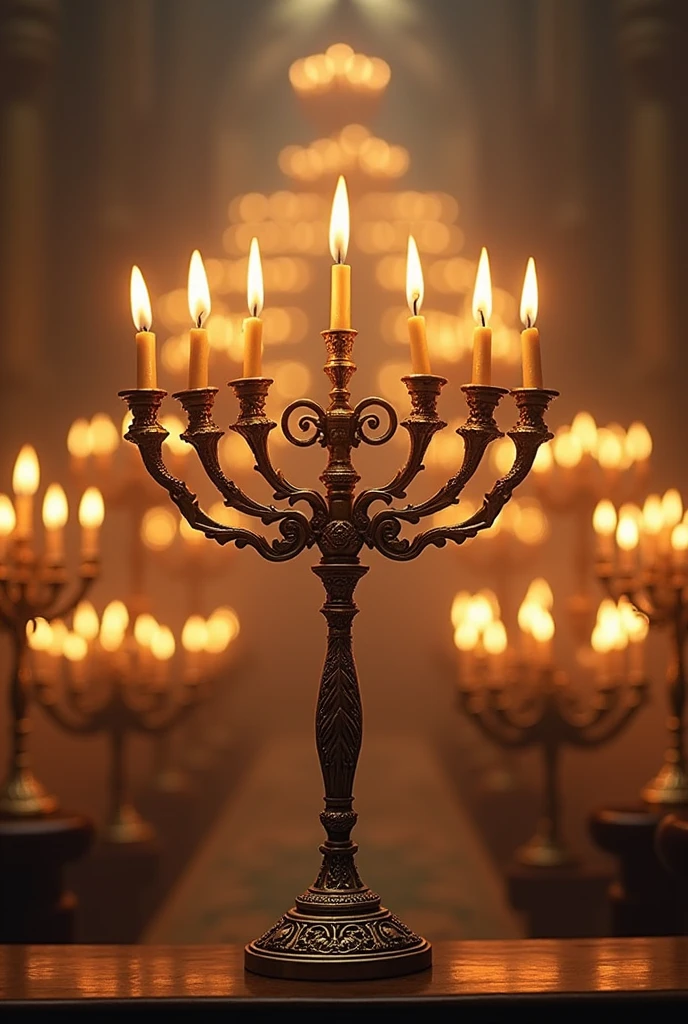 Create a horizontal image of a Jewish tabernacle candelabra with many small candelabras in the background 