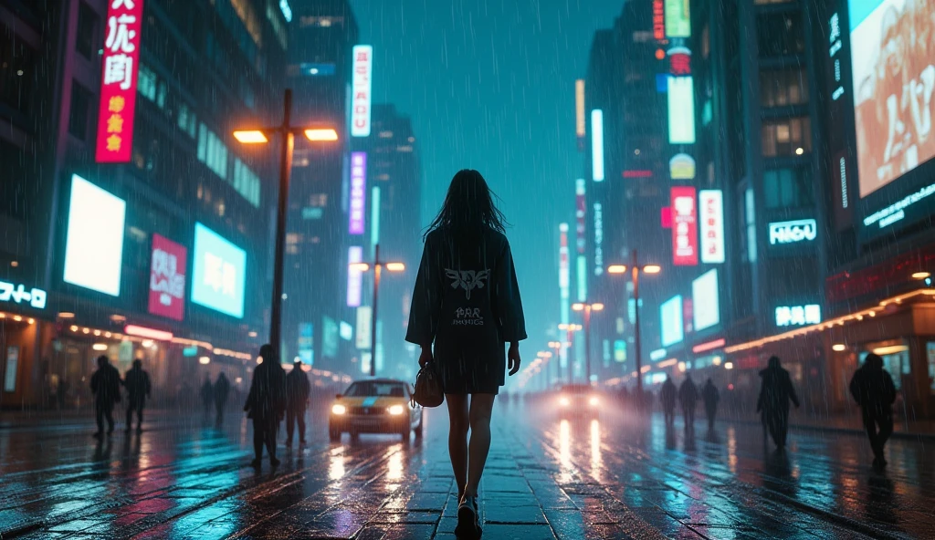 1 girl, street, rain, one point perspective, many lights, night, cyberpunk, dark environment, high resolution, hd, 8K