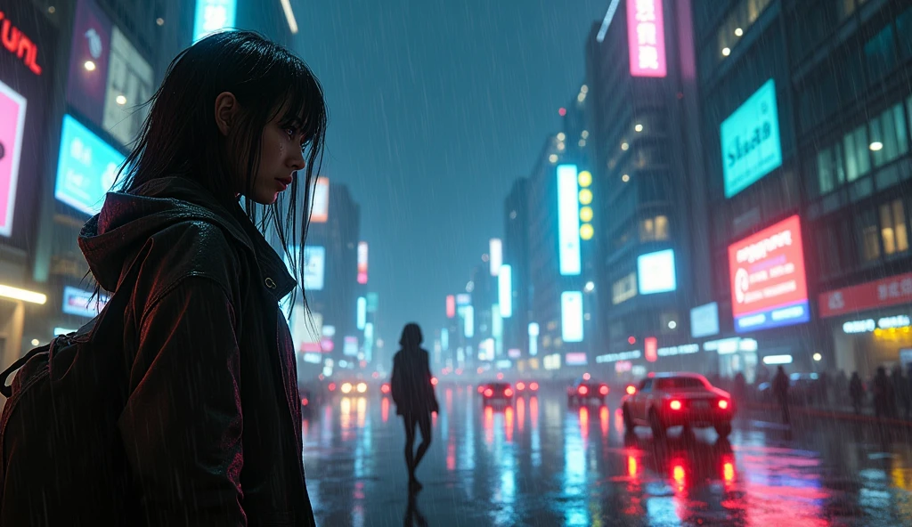 1 girl, street, rain, one point perspective, many lights, night, cyberpunk, dark environment, high resolution, hd, 8K