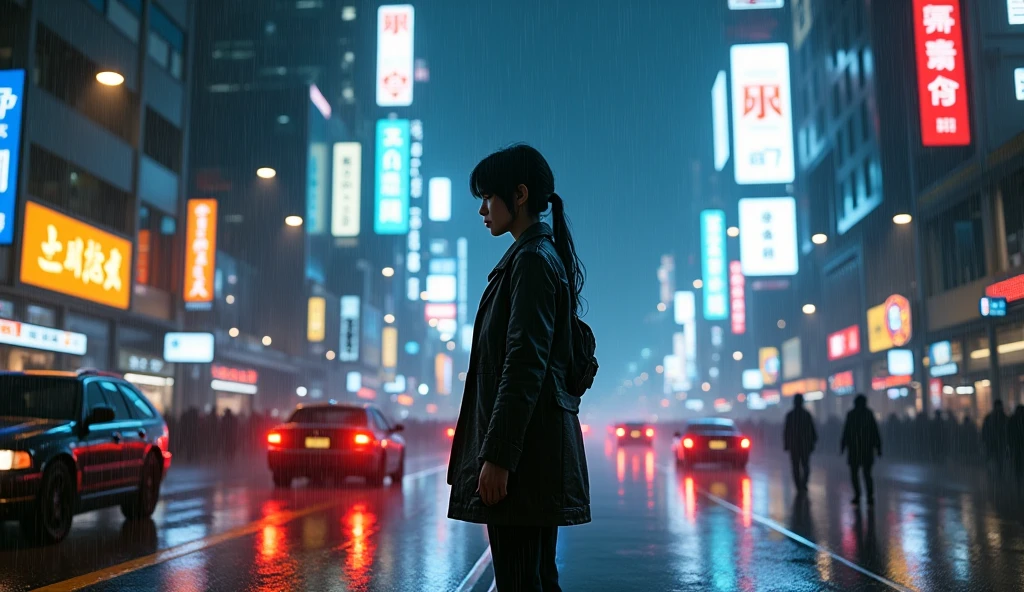 1 girl, street, rain, one point perspective, many lights, night, cyberpunk, dark environment, high resolution, hd, 8K