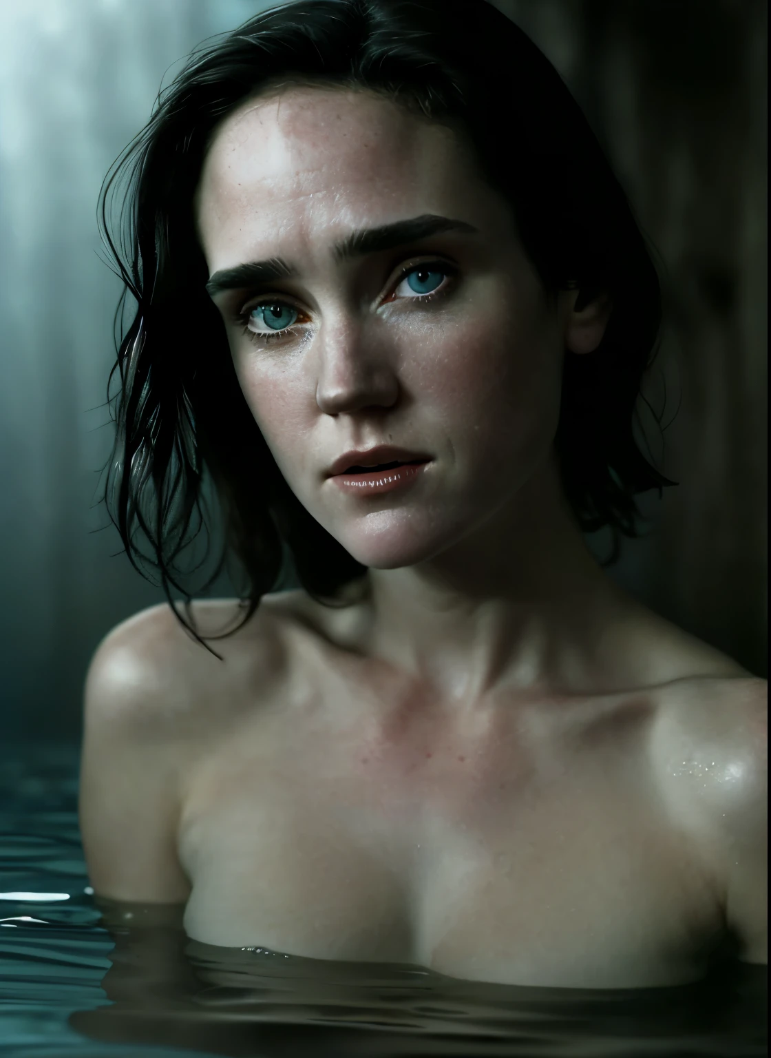 Jennifer Connelly, Clean skin
(macro shot) looking a viewer (LikeHelpbyShurik3:1) In this obsessively intimate close-up, southern girl lying naked on the water Dim, moody lighting casts shadows across her face, creating a sense of mystery and intrigue. (Best Quality: 1.3) Water droplets glisten on her skin, emphasizing the wetness and adding a touch of ethereal beauty. (Detailed: 1.2) Her eyes, filled with a mix of determination and trepidation, reflect the uncertain depths below. water, the face around her, distorts its features, evoking a sense of otherworldliness and submerged vulnerability. (Moody dramatic light: 1.4) The stillness of the barn and the distant sounds of dripping water heighten the eerie atmosphere, as if something mysterious lurks beneath the surface. (Close-up expression: 1.3) The viewer is left captivated by the enigmatic scene, Drawn into the tension and anticipation of that, What lies under the water.