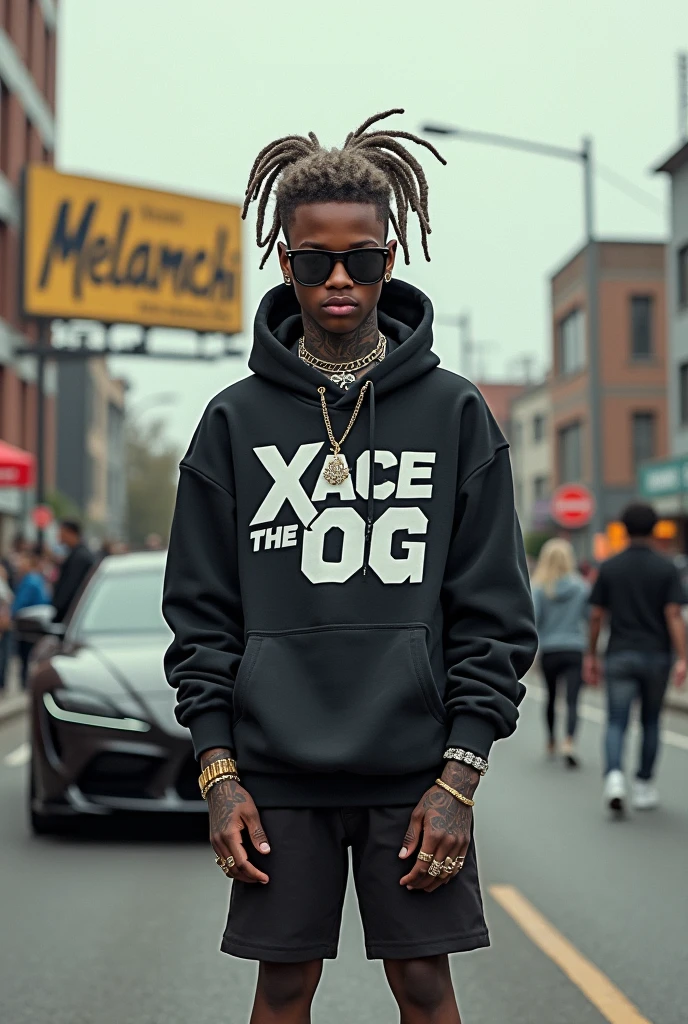A boy standing in the road, buildings and houses at the bacground, Melamchi written in the bill board, gangster looks, XACE THE OG written in the hoodie, dreadlocks with ash colours, white skin colour tone, wearing y2k jorts and sunglasses, leg full of tattoo, smoking, supra mk5 behind him, nike shoes, ice chains arounds neck, iced watch and gold around hand, rings on finger, peoples walking by, realistic