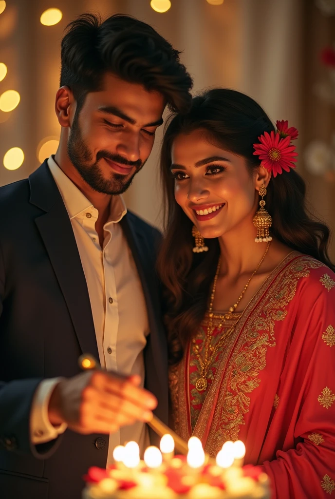 A Pakistani, boy, clean shaved, age 21, formal dressing and Pakistani girl in shalwar qameez, sliky hairs, flower in hair stand and celebrating birthday, cutting cake