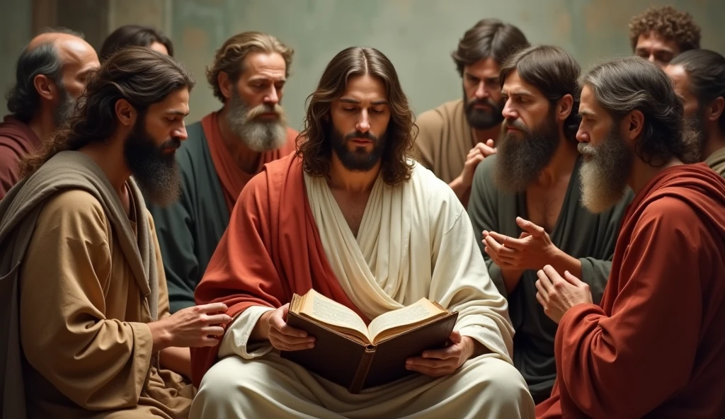 Jesus and Disciples receiving teaching with the Bible in hand