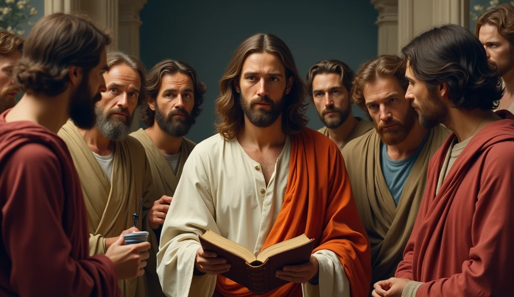 Jesus and Disciples receiving teaching with the Bible in hand