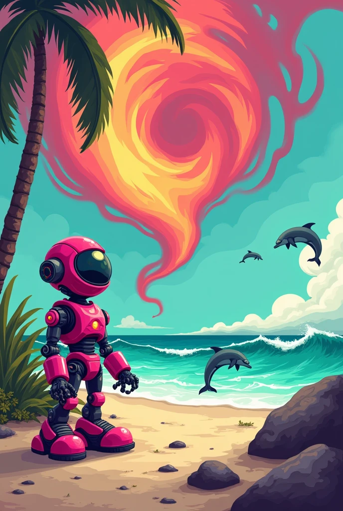 make a size 1 robot.80 fuchsia green on the right side a fire hurricane on the left side a tricolor palm tree and in the background a beach with dolphins jumping from one side to the other