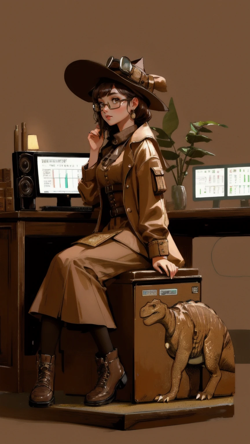 OG Crypto Dinosaur in a brown background: A beautiful, cute girl dressed in a stylish steampunk-inspired outfit with a hat and goggles sits confidently at a desk covered in Bitcoin coins and cryptocurrency symbols. She holds a smartphone, with a computer screen displaying market charts in the background. The setting exudes a vintage, tech-savvy vibe, with the entire scene bathed in warm brown tones, giving it a classic, sepia look while maintaining the theme of OG Crypto Dinosaur in a contemporary, high-tech world.