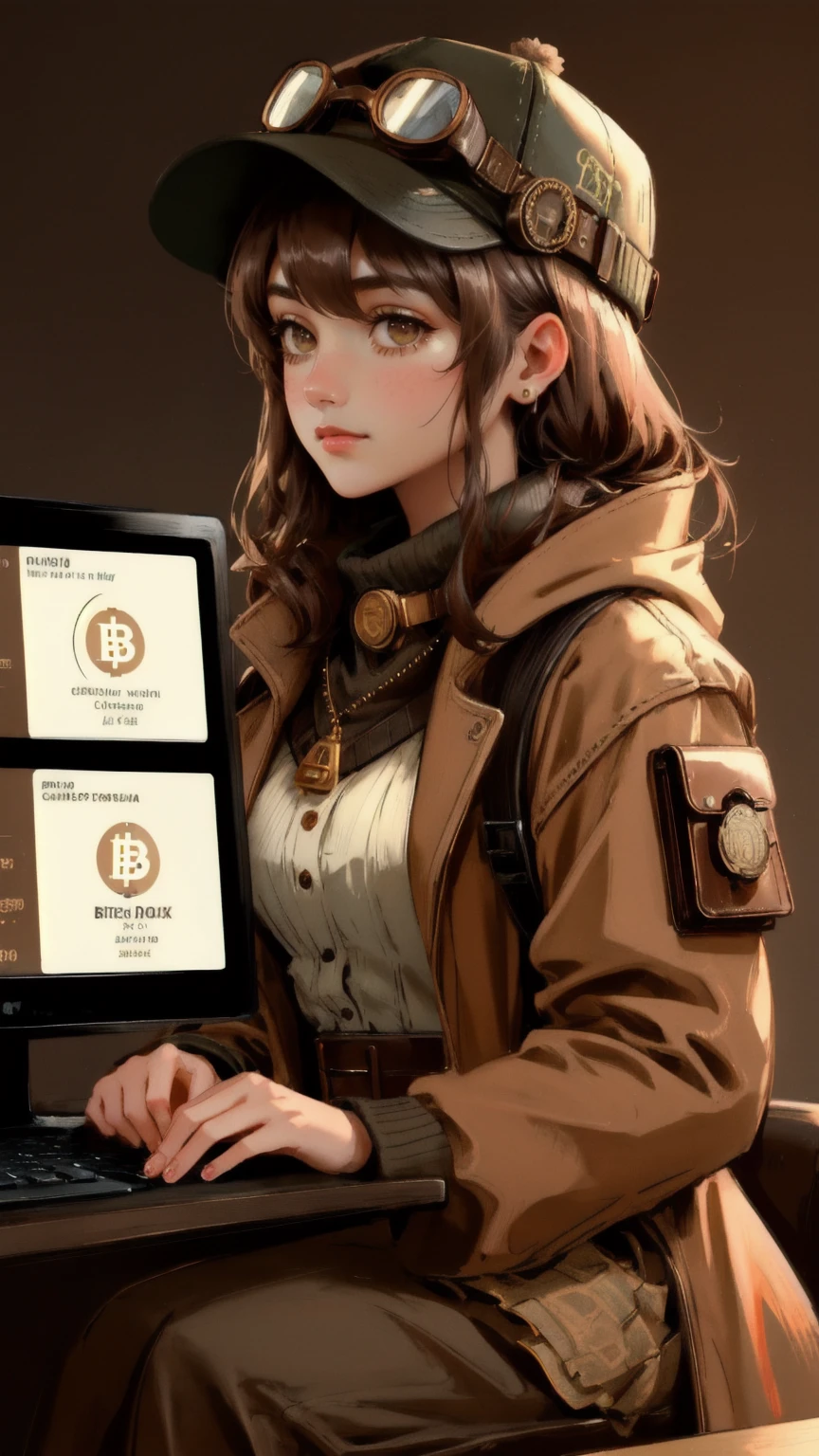 OG Crypto Dinosaur in a brown background: A beautiful, cute girl dressed in a stylish steampunk-inspired outfit with a hat and goggles sits confidently at a desk covered in Bitcoin coins and cryptocurrency symbols. She holds a smartphone, with a computer screen displaying market charts in the background. The setting exudes a vintage, tech-savvy vibe, with the entire scene bathed in warm brown tones, giving it a classic, sepia look while maintaining the theme of OG Crypto Dinosaur in a contemporary, high-tech world.