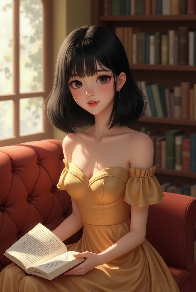 A teenage daughter, black hair, shoulder length, black eyes, height 157 cm, sweet smile, light pink lips, fair skin, sitting on the sofa gracefully while reading a book in the library, wearing a beautiful and elegant dress, golden color, his shirt is a bit closed