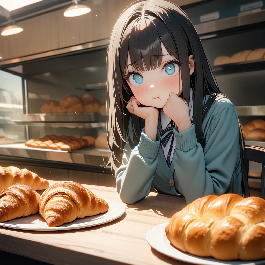 (8K, best quality, master piece: 1.2),ultra-high resolution,1 girl,solo,ultra-detailed face,detailed eyes,cyan eyes,mascara,Straight hair, long hair,black hair,school uniform,plaid skirt,cardigan,pout,eating a croissant,rim light,Sitting in a chair,one plate on 2 croissants and 1 orange juice on the table,indoors Bakery,croissants lined up in the show window