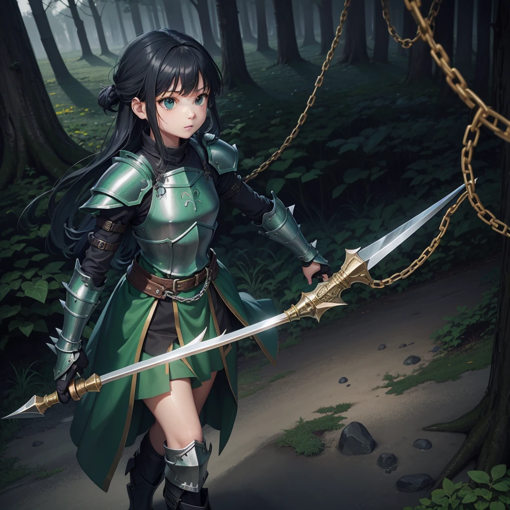 最high quality、high quality、Simple Cloth Armor、１０Year-old girl adventurer、Equipped with a weapon that has a short chain at the end of a stick and a spiked iron ball at the end of the chain、In a dark maze、Dark green armor