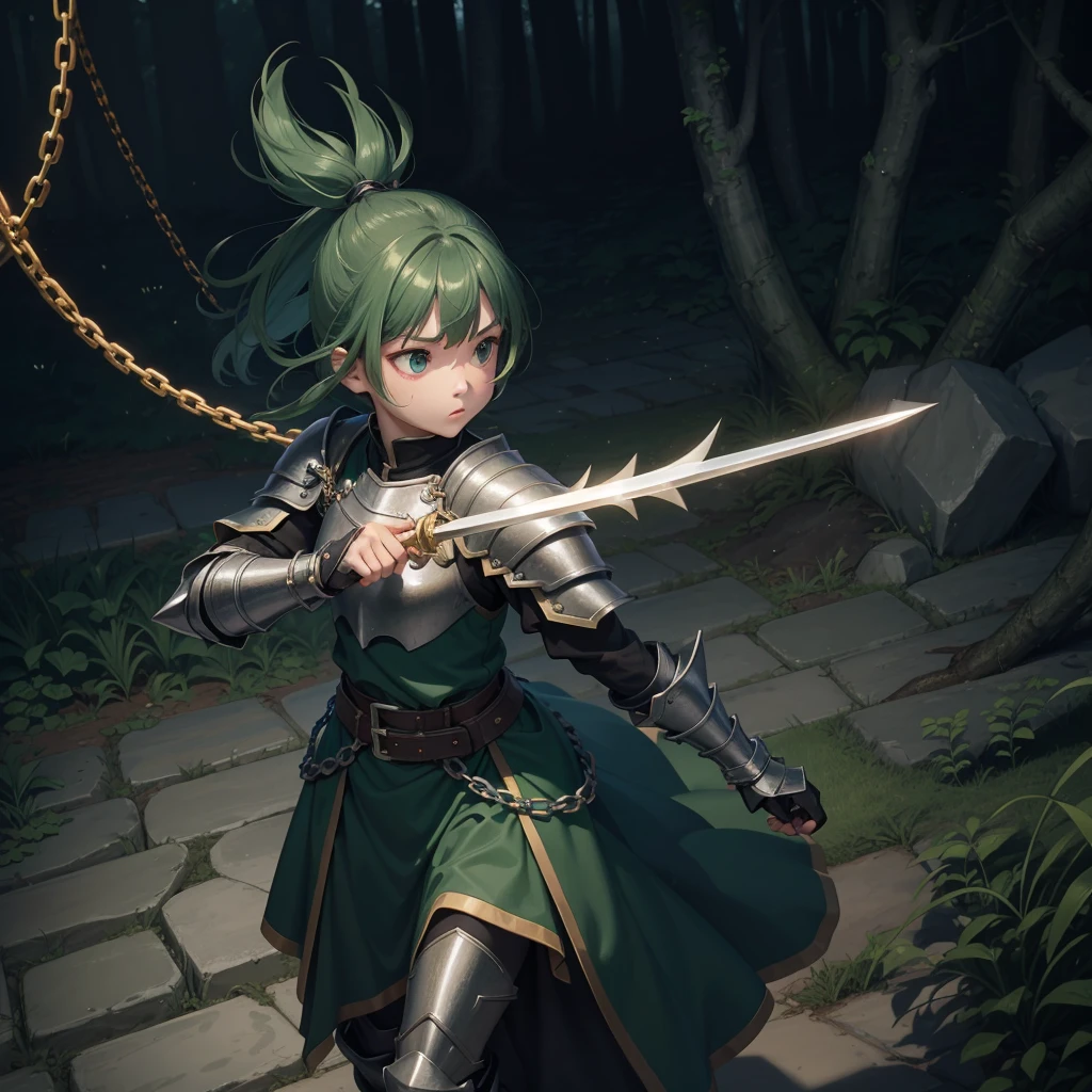 最high quality、high quality、Simple Cloth Armor、１０Year-old girl adventurer、Equipped with a weapon that has a short chain at the end of a stick and a spiked iron ball at the end of the chain、In a dark maze、Dark green armor