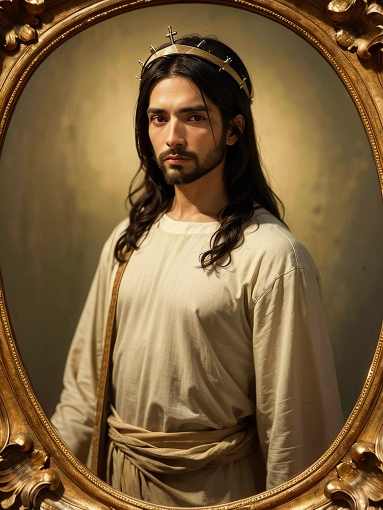 (Realistic portrait of Jesus Christ) , Male, Crown of Thorns, crucifix , (Standing 1.4) , (Viewer looking at: 1.4) , Solo , (Symmetrical) , (Masterpiece, Top Quality) , Full Length , Human Focus