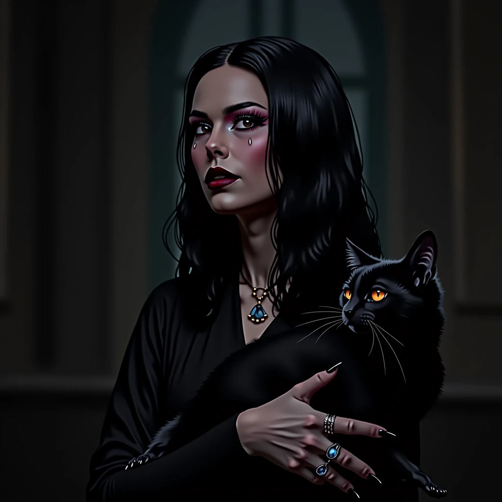 araffe woman with black hair and black dress holding a black cat, morticia addams, raven black hair, addams, raven, the addams family, amy adams as morticia addams, raven hair, elvira in tattered clothes, villainess has black angel wings, raven black, portrait of raven, she has black hair, vampire, with claws