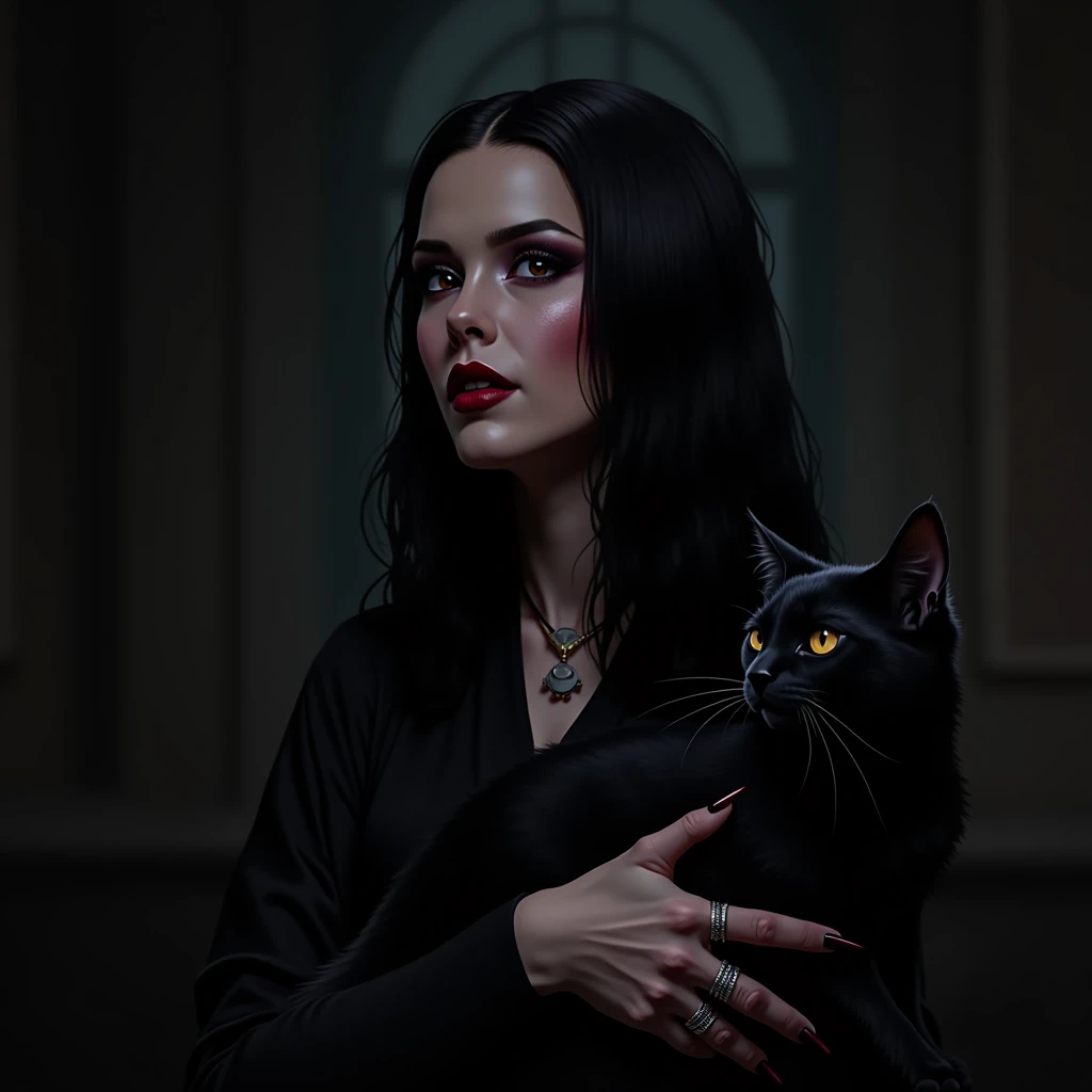 araffe woman with black hair and black dress holding a black cat, morticia addams, raven black hair, addams, raven, the addams family, amy adams as morticia addams, raven hair, elvira in tattered clothes, villainess has black angel wings, raven black, portrait of raven, she has black hair, vampire, with claws