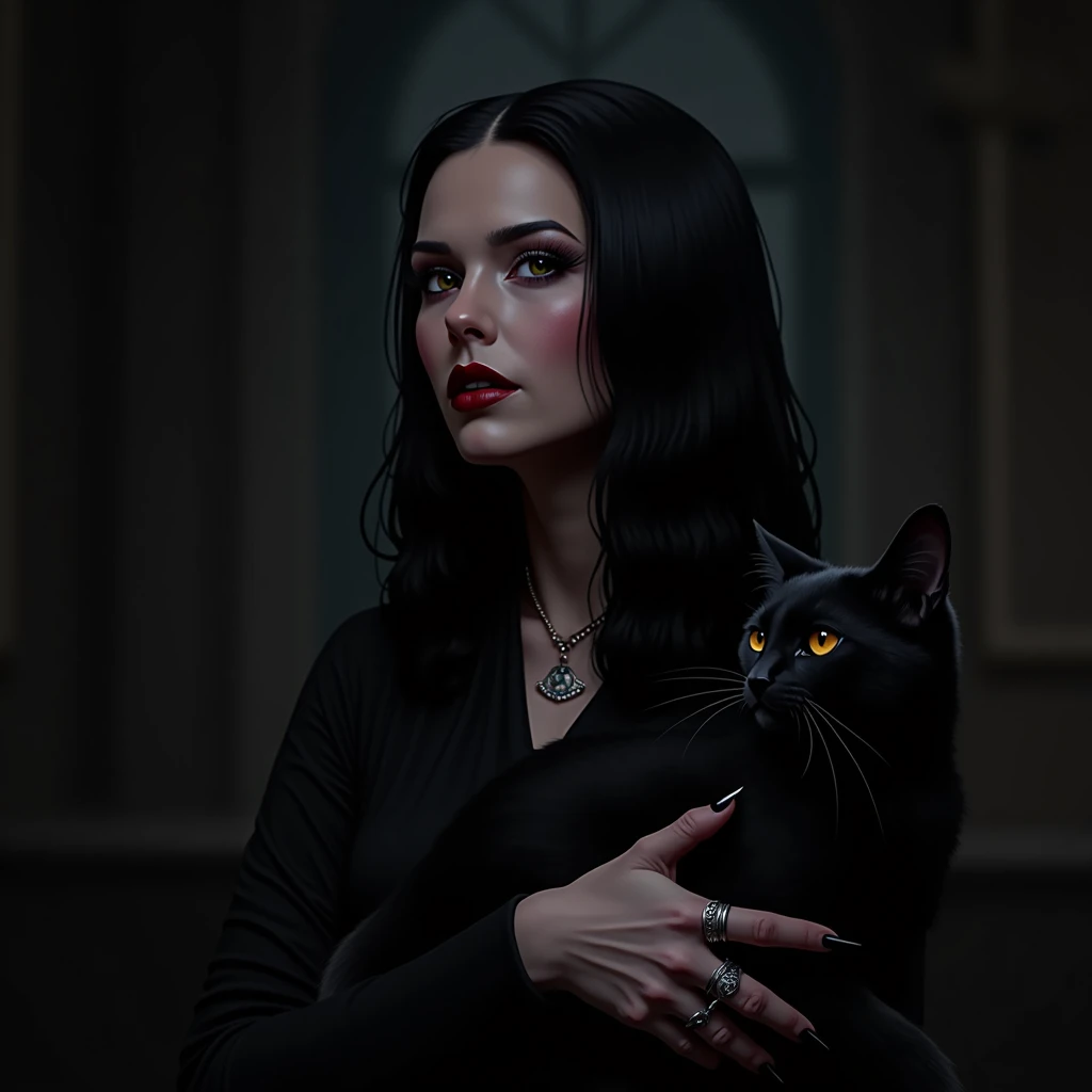 araffe woman with black hair and black dress holding a black cat, morticia addams, raven black hair, addams, raven, the addams family, amy adams as morticia addams, raven hair, elvira in tattered clothes, villainess has black angel wings, raven black, portrait of raven, she has black hair, vampire, with claws