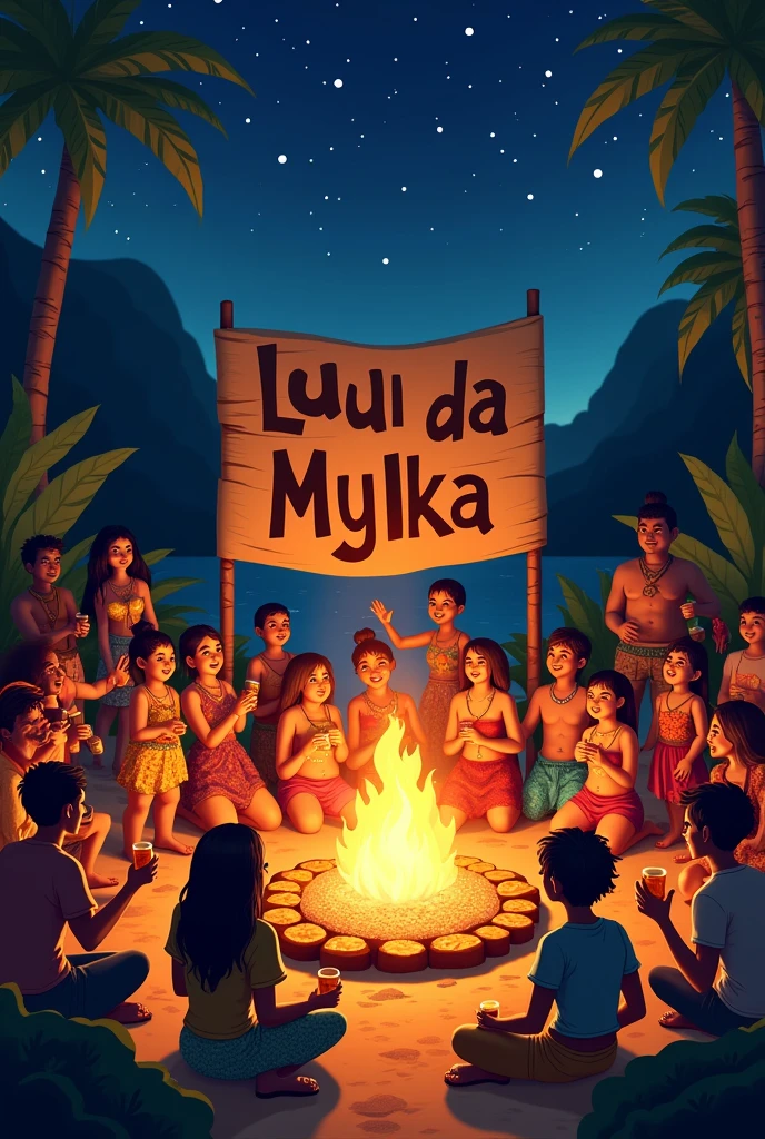 Create a Lual image with people around the bonfire, with the words Lual da Mylka