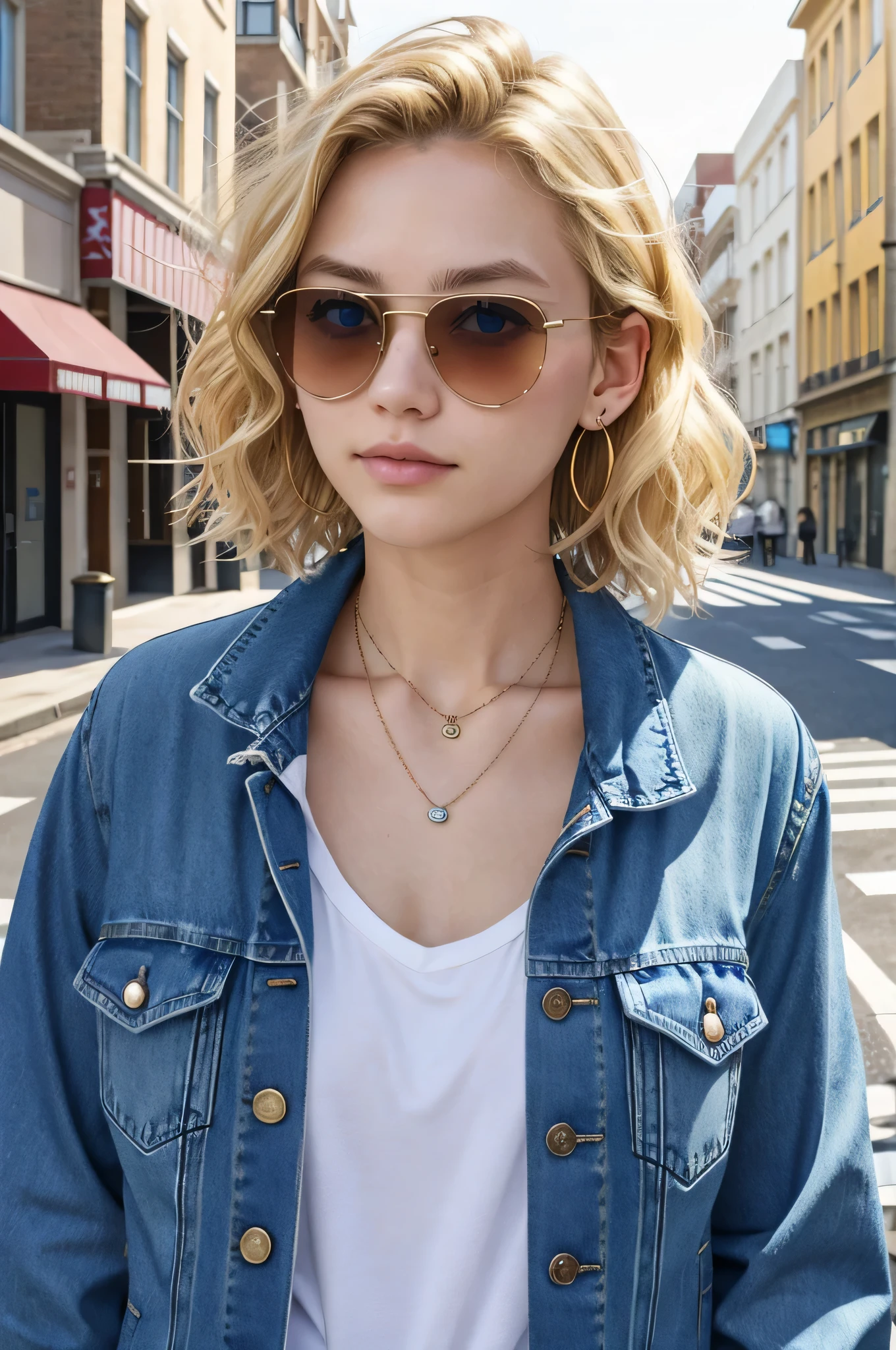 Blonde Caucasian Woman、, Wavy Hair、short hair、, blue eyes,、口を大きく開ける、Denim jacket、shirt、sunglasses、ear piercing、necklace、、The background is a city street