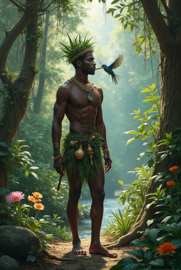 black-skinned male, short-hair, with a crown of herbs on her head, supported only on one leg, in one hand he carries a small 7-pointed tribal spear, at the waist several gourds hanging like a belt, smoking a sacred ritual pipe, dressed only in leaves and herbs, that involves the waist and chest, calm demeanor, pure and distracted, looking at the trees, a beautiful bird accompanies him like a faithful friend, Ele está localizado em uma flowersta virgem, richly adorned with many species of plants, Trees, climbing vines, flowers, all with great healing power, a great atmosphere of joy and protection is in the air, a stream in the distance.