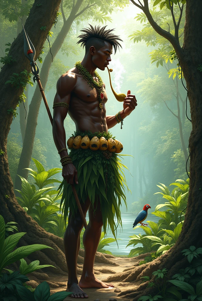 black-skinned male, short-hair, with a crown of herbs on her head, supported only on one leg, in one hand he carries a small 7-pointed tribal spear, at the waist several gourds hanging like a belt, smoking a sacred ritual pipe, dressed only in leaves and herbs, that involves the waist and chest, calm demeanor, pure and distracted, looking at the trees, a beautiful bird accompanies him like a faithful friend, Ele está localizado em uma flowersta virgem, richly adorned with many species of plants, Trees, climbing vines, flowers, all with great healing power, a great atmosphere of joy and protection is in the air, a stream in the distance.