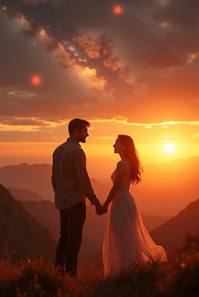 Un couple beau face a un beau coucher de Soleil juste dernier les traces de l'univers et amoureux passionnément