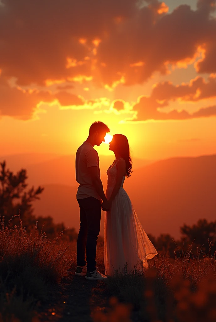Un couple beau face a un beau coucher de Soleil juste dernier les traces de l'univers et amoureux passionnément