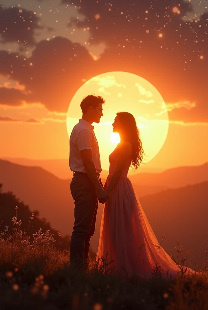 Un couple beau face a un beau coucher de Soleil juste dernier les traces de l'univers et amoureux passionnément