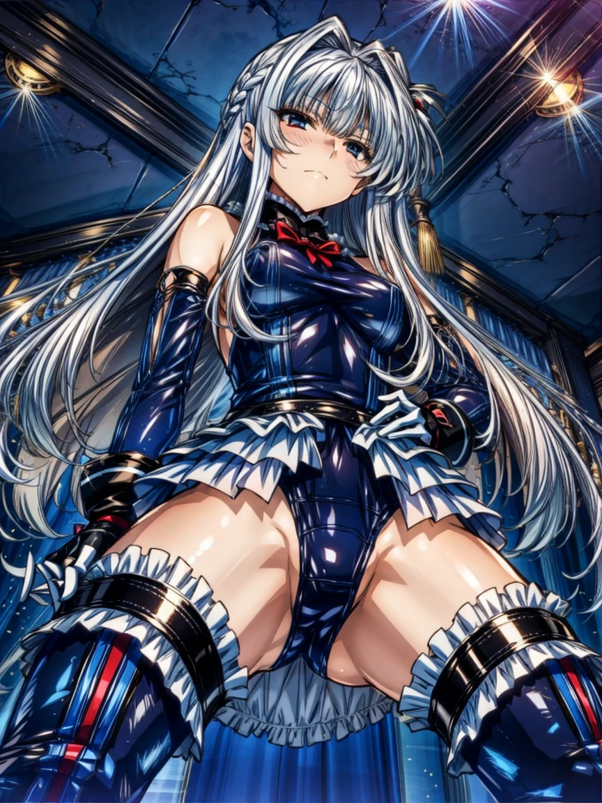 Perfect Anatomy, Highest quality, Rose,,Provocative attitude
(Inside a futuristic base:1.1)(Emotionless,Expressionless:1.4),Anime Style,(Frilled swimsuit, Knee socks, Removed sleeve), (Anime Style:1.4) ,(Three Girls:1.5),
Silver Hair,(White fingers:1.1,Black gloves),Very long hair,evil aura,(From directly below:1.4),full body,(Spread your legs:1.2),Trampling the audience