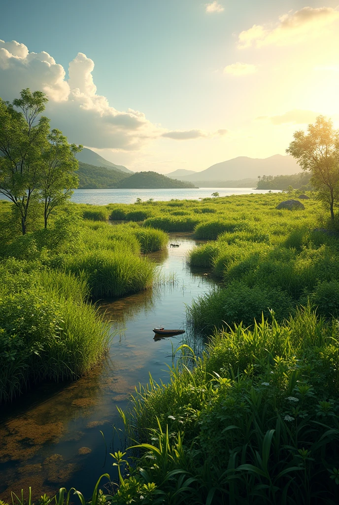 MARSH ECOSYSTEM WITH BLUE CARBON, without animals, FROM A BAY IN EL SALVADOR, without mountains, THAT IN THE DISTANCE YOU CAN SEE A MANGROVE, make it look realistic, With sunshine, without water