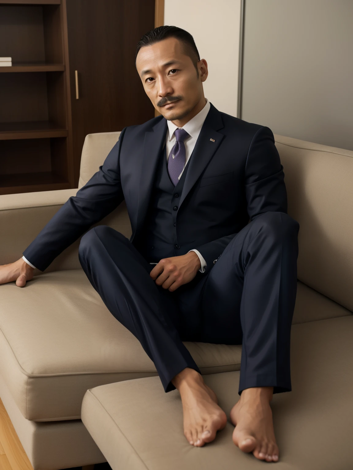 40 years old,Hidetoshi Nakata,(Kogoro Mori 1.3),whole body,Lean,muscle,office,black,foot,Suit,transparent袜子,foot抬起,sofa,Baldhead ,transparent,Thick body hair,underwear,???????,Densely hairy,Fortitude,HD,With a mustache