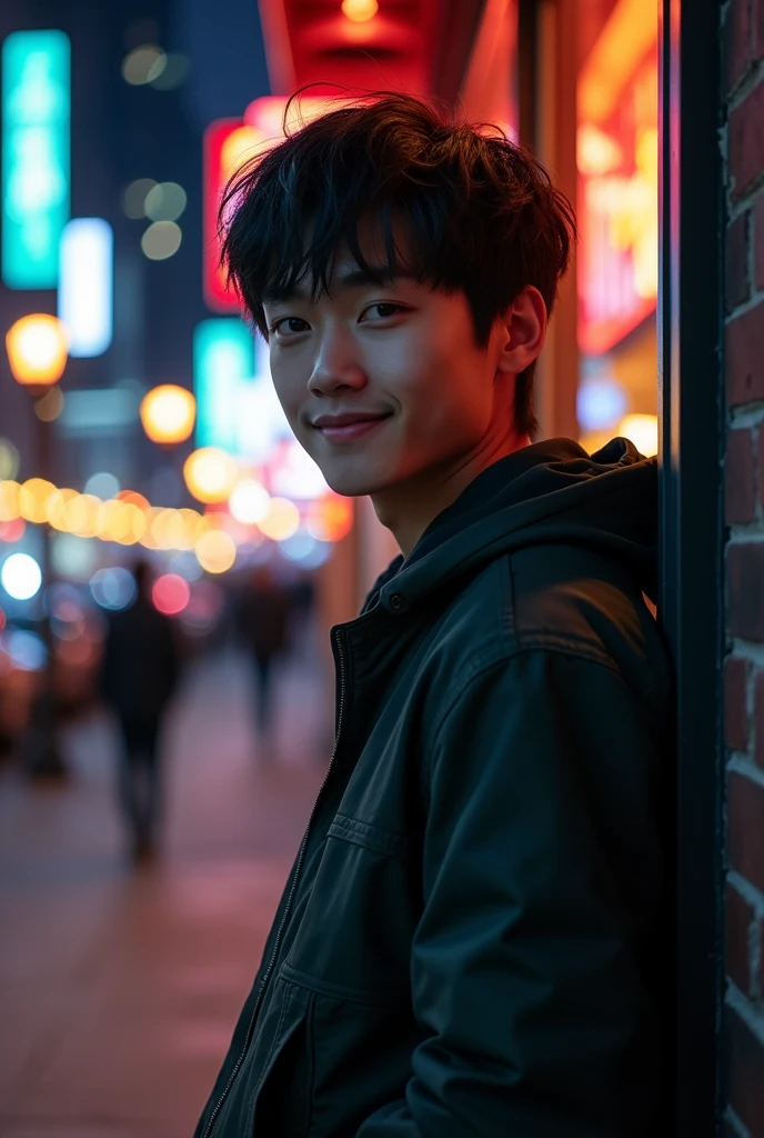 A young man shorty black messy haircut, facial forward, wear hodie jacket clothes, standing while lean back on the wall building outdoor the cafe on the new york city, at night, natural, sweetly smile, lighting pole lamps, starlight, colorful neon lights lamps, real hyper realistic, real human jepang, UHD 8k, detailed photo, perfect face, detailed places, landscape, full body, photo was taken from a distance on stone land sidewalk the new york city