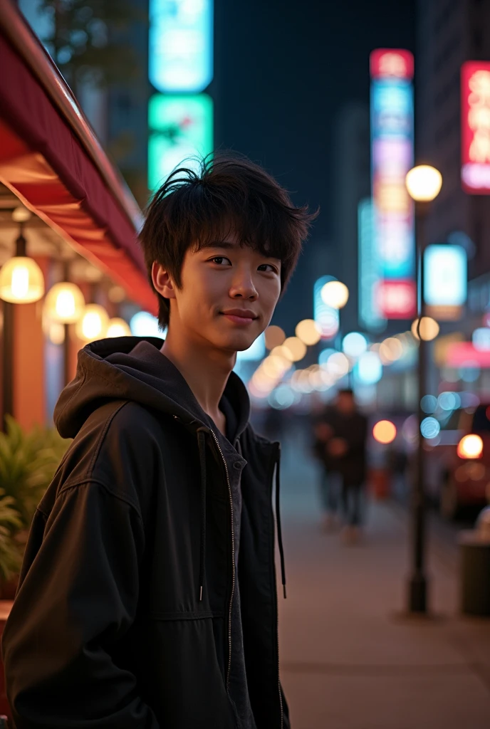 A young man shorty black messy haircut, facial forward, wear hodie jacket clothes, standing while lean back on the wall building outdoor the cafe on the new york city, at night, natural, sweetly smile, lighting pole lamps, starlight, colorful neon lights lamps, real hyper realistic, real human jepang, UHD 8k, detailed photo, perfect face, detailed places, landscape, full body, photo was taken from a distance on stone land sidewalk the new york city