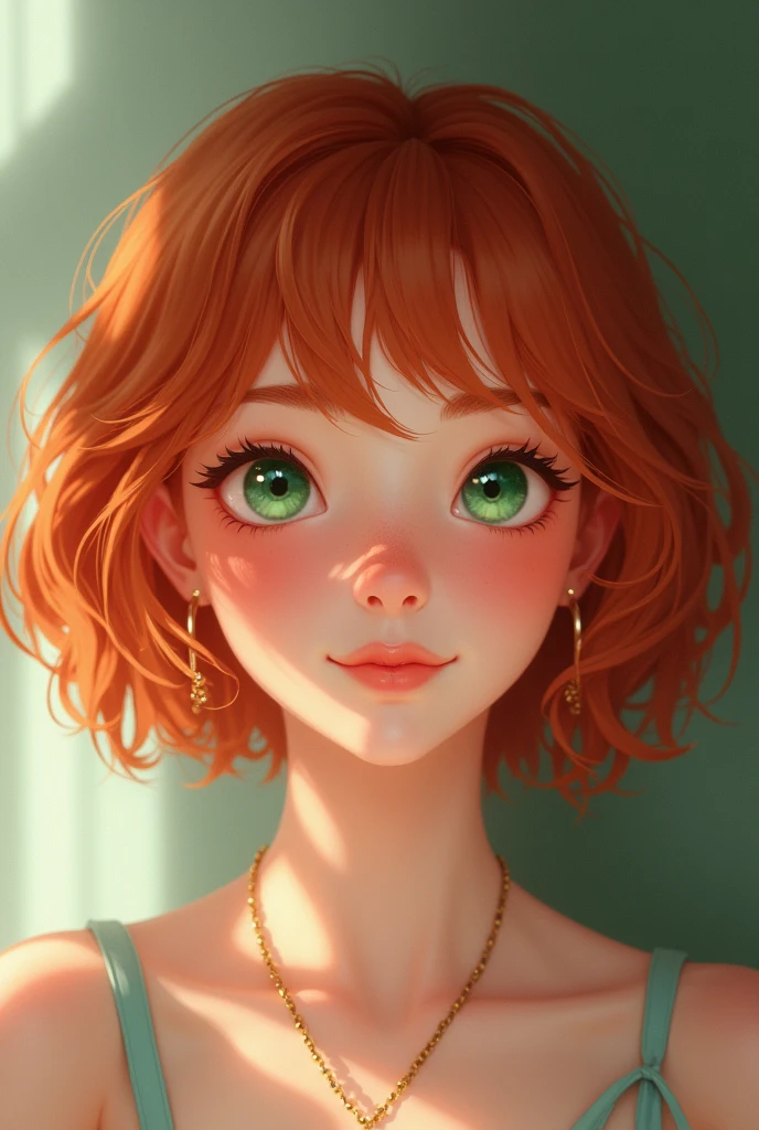 Pretty 1 high school girl, short and wavy natural red hair, soft rosy lips, peachy skin, light freckles, emerald eyes, a happy expression, photo r