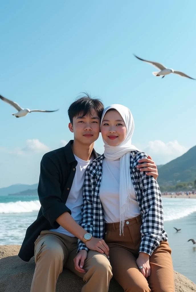 The views are simply stunning, on the beach under bright blue skies. Beautiful Korean girl, white skin, well-groomed face, thin smile, white hijab, with black and white checkered shirt, white t-shirt, brown cargo pants, cool watch, and handsome man, white skin, well-groomed face, black shirt) and white t-shirt, )brown cargo pants, posing, sitting intimately, On the beach on a rock, under a bright blue sky, big sea waves in the background, there are fishermen, seagulls flying. clear blue sky, very beautiful, mountains and waterfalls, real photos, realistic