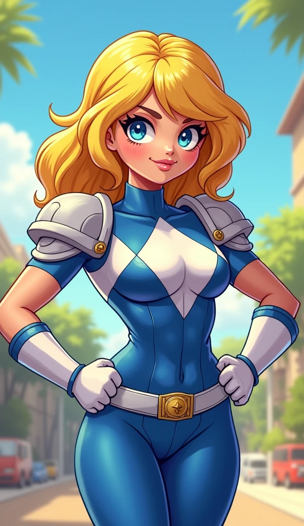 Chibi, muscle girl, sexy, cute, tiny smile, blue eyes, sunnny day, power rangers blue white latex clothes, ombreira, yellow hair, thicc,cartoon, big breasts