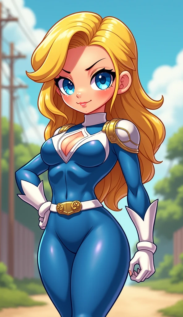 Chibi, muscle girl, sexy, cute, tiny smile, blue eyes, sunnny day, power rangers blue white latex clothes, ombreira, yellow hair, thicc,cartoon, big breasts