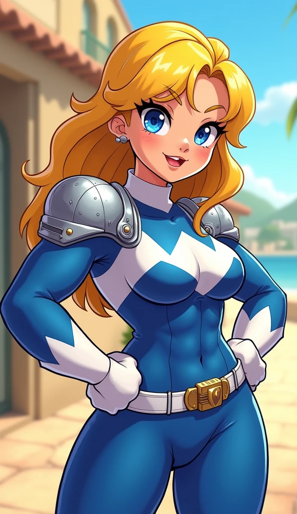 Chibi, muscle girl, sexy, cute, tiny smile, blue eyes, sunnny day, power rangers blue white latex clothes, ombreira, yellow hair, thicc,cartoon, big breasts