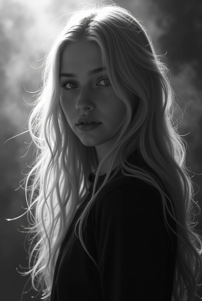 blkmndy, Portrait of a beautiful 14 y.o. girl with flying long blond hair, half-turn, waist-deep, vintage, supermodel, sparse airy waist length hair, accent lighting, professional ominous concept art intricate, highly detailed digital painting, soft natural volumetric cinematic perfect light, behind is random smoky background, photorealism, winning photograph, smooth, sharp focus, high-res, black and white, comic style