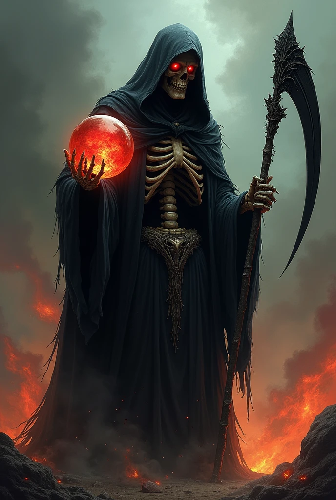 A guy dressed as death in hell, with a crystal ball with a dying person in the right hand, and a black scythe with a sharp gray blade in his left hand
