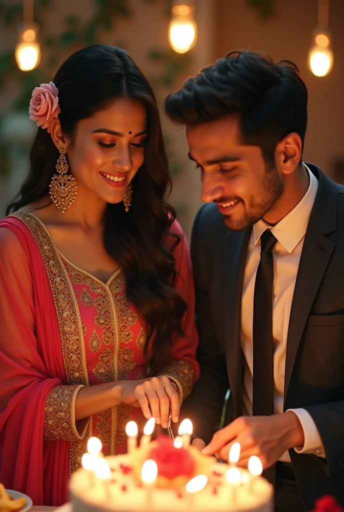 A Pakistani, boy, clean shaved, age 21, formal dressing and Pakistani girl in shalwar qameez, sliky hairs, flower in hair stand and celebrating birthday, cutting cake