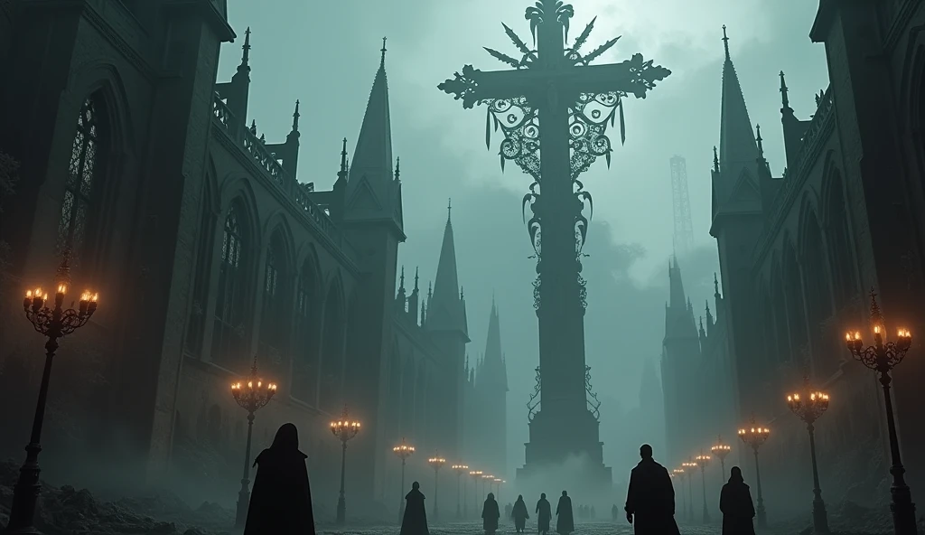 city with a big cross in the middle morden gothic