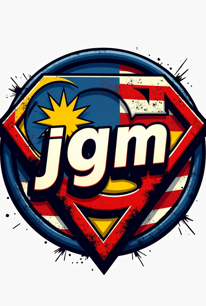 logo shape circle , malaysia flag MOTIF tigers stripes COLLAB WITH SUPER MAN LOGO  ,and at the middle put text "JGM" FONT ALPHABET .PLEASE CREATE IN COMIC VERSION