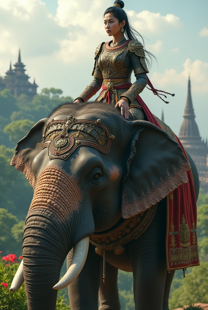 a female asian worrier riding on the head of an elephant during 16th century myanmar