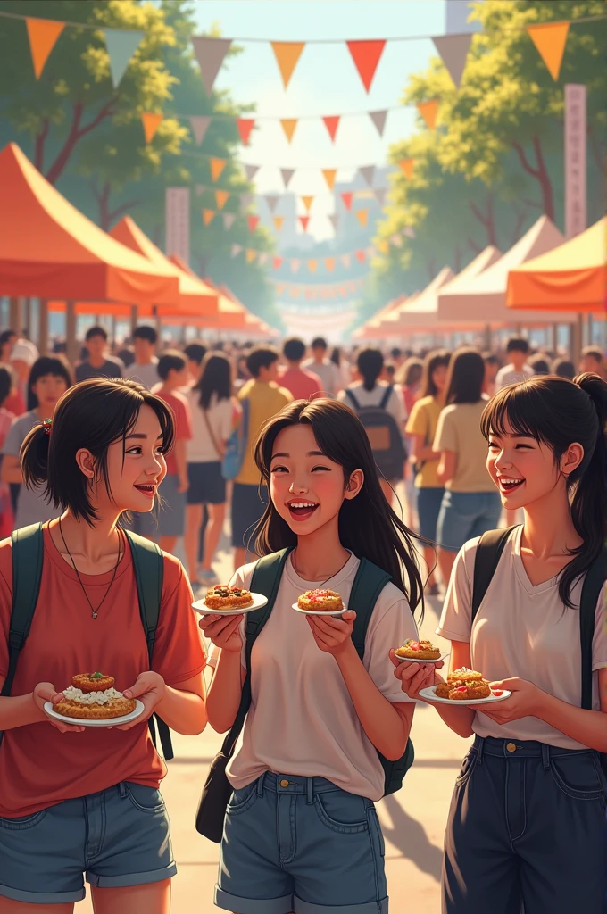 entrepreneurship day at university hall . have many students . happy situations . have many booth that sell food . have buskers,have games, have food competition. have a 3 girls also that brings food in their hand while laughing