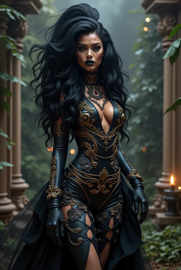 body Dragqueen in rococo punk costume wearing rococo punk outfit, black long hair, black eyes, black lipstick lips,g rococo punk fantasy style, (rock punk), rock punk beautiful goddess, rock punk girl, rock punk inventor girl, metal rock punk, Set in a rock punk world, dark rock punk concept