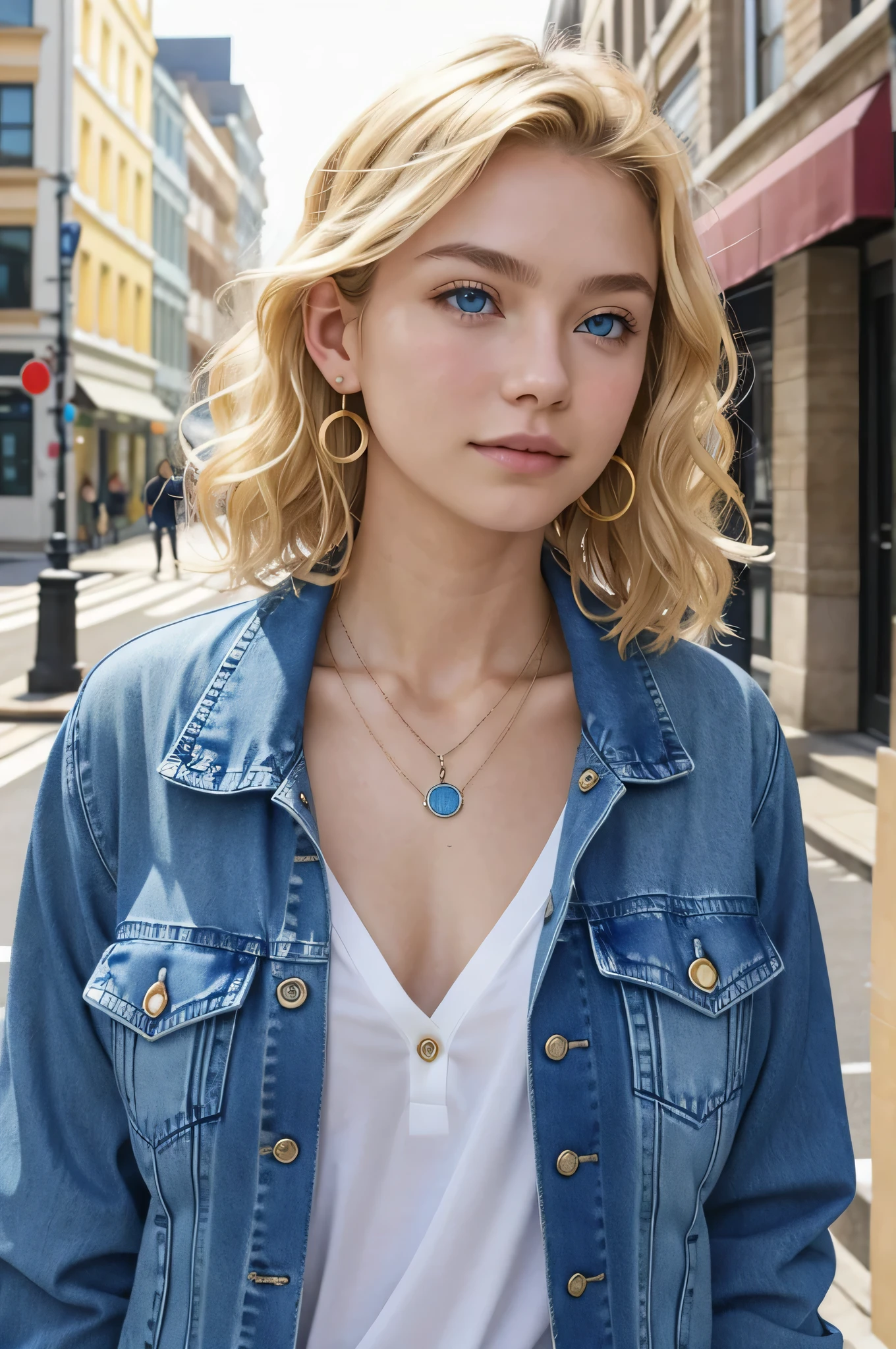 Blonde Caucasian Woman、, Wavy Hair、short hair、, blue eyes,、口を大きく開けて下さい、Denim jacket、shirt、ear piercing、necklace、、The background is a city street