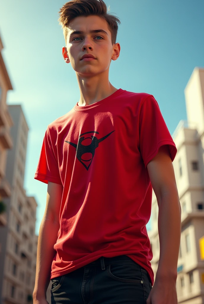 A 17 YEAR BOY WITH BROWN HEARS WITH HUNTER BLUE EYE ARTIC RED T SHIRT WITH BLACK PANT SUPERHERO