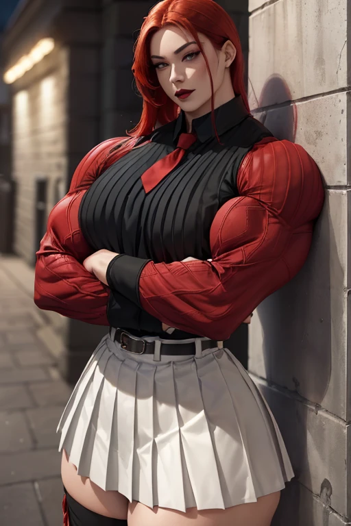 ((((Massive tall, beautiful, buff, pale white skinned muscular asian woman with red hair, black lipstick, ginormous bulky muscles, leaning on a wall crossed arms and wearing a red long sleeve pleated shirt with beautiful long pleated skirt)))), (close view), (massive muscles), long hair, ((chained belt)), yellow eyes, choker, ((red long sleeve pleated shirt and tie)), neck tie, ((beautiful long pleated skirt)), belt, thigh high socks, black boots, (at a nightly Campus), closed smile, night, massive muscles