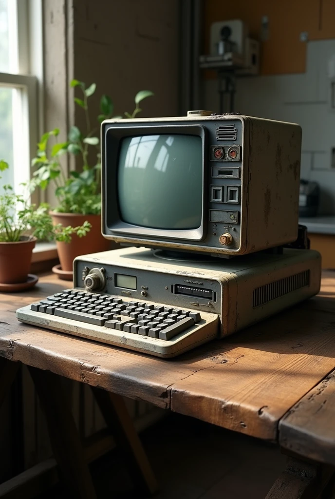 An old computer front facing on a wooden table