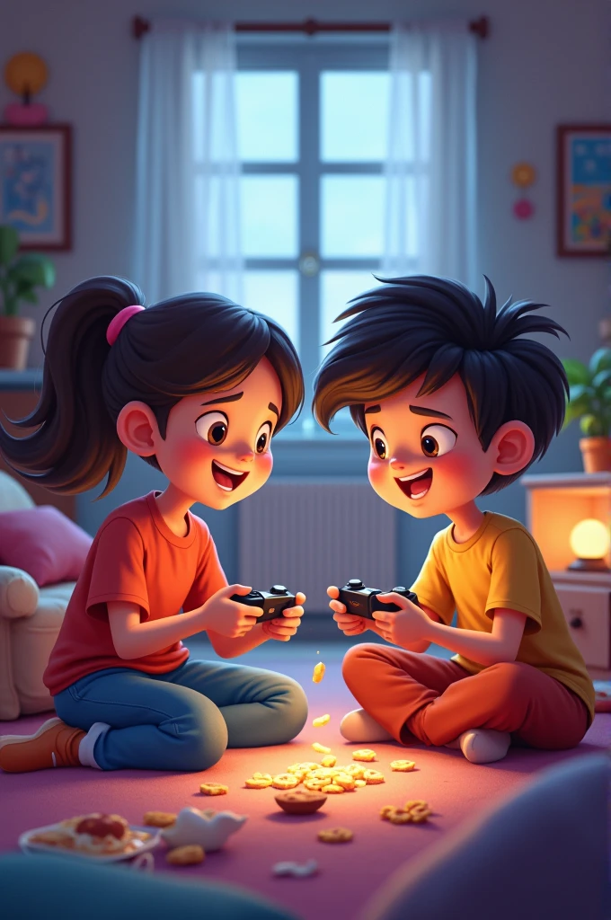 Boy and girl playing online game in there house.